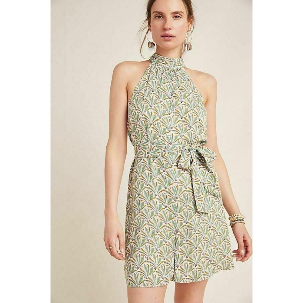 Anthropologie Tropical Palm Leaf Halter Romper Green Brown Sleeveless Small